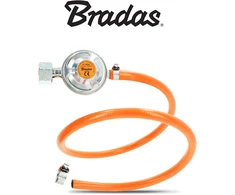 Bradas® dujų reguliatorius, slėgio reguliatorius 37 mbar - 1,5kg/h su 1 m ilgio dujų žarna + 2 žarnų spaustuvai propano butano jungčių rinkinys | grilio kempingo dujų reguliatorius žemo slėgio