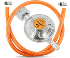 Bradas® dujų reguliatorius, slėgio reguliatorius 37 mbar - 1,5kg/h su 1 m ilgio dujų žarna + 2 žarnų spaustuvai propano butano jungčių rinkinys | grilio kempingo dujų reguliatorius žemo slėgio