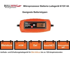 Bullwing akumuliatoriaus įkroviklis su mikroprocesoriumi 6/12v 4a visiškai automatinis akumuliatoriaus įkroviklis automobiliui motociklui universalus oranžinis