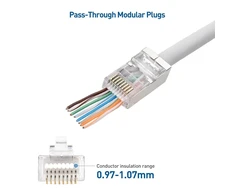 Cable Matters ekranuoti rj45 passthrough jungtys (cat 6a galai / cat6a jungtis / rj45 moduliniai kištukai / ethernet kištukai / tinklo jungtis) skirti vientisam arba vytam s/ftp ethernet kabeliui, 100 vnt.