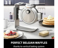 Vaflinė Caso Waffleup vertikalus vaflių keptuvas, testų įvertinimas: labai geras, belgiškas vaflių keptuvas, belgiški vafliai, 5 skrudinimo lygiai, dviguba nelipni danga, sidabrinis