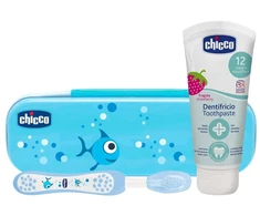 Chicco – braškių dantų pasta su fluoridu, dantų rinkinys, mėlynas