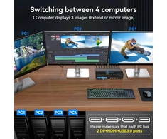 Monitorius Cmstedcd 8k60hz Displayport + Hdmi Kvm jungiklis 4 Pc 3 monitoriams Usb 3.0 Dp1.4 + Hdmi 2.1 Kvm jungiklis keturiems kompiuteriams, dalinantis trimis monitoriais ir keliais Usb įrenginiais su nuotoliniu valdymu ir 4 x Usb