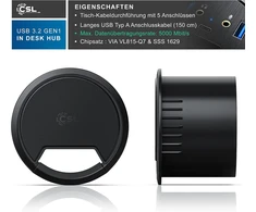 Csl - Usb 3.0 į stalą montuojamas Usb šakotuvas - stalo kabelių kreiptuvas - stalo kabelių dėžutė - 2 x Usb 3.2 - 1 x Usb C 3.2 - 2 x garso prievadai 3.5 mm lizdas garsiakalbiui ir mikrofonui