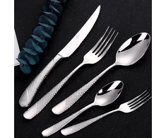 Daffodily® prabangus stalo įrankių rinkinys, 20 dalių, pagamintas iš 18/10 nerūdijančio plieno, skirtas 4 asmenims, su 2-in-1 kepsnių peiliais - galima plauti indaplovėje, veidrodinis blizgesys, elegantiška dovanų dėžutė (signature Sidabrinis - 20 vnt.)