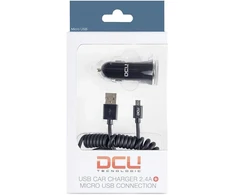 Dcu tecnologic, automobilinis įkroviklis, usb įkroviklio paketas 2.4a + micro usb įkrovimo laidas, spiralinis lightning laidas, ilgis 1.5 m, aliuminio jungtis su pvc korpusu, juodas