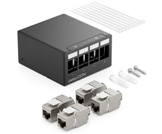 Deleycon 4 portų patch panelio rinkinys, patch panelio paskirstymo skydelis 1 U + 4x Rj45 keystone lizdo modulis Stp Cat6a, suderinamas su instaliaciniu kabeliu Cat6 Cat6a Cat7 tinklo kabeliu Ethernet Lan Dsl - juodas