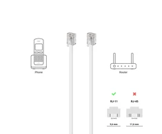 Deleycon telefono kabelis Rj11 modulinis kabelis 99% vario Awg 28 6p4c Western kabelis Rj11 į Rj11 jungtis plokščias kabelis telefono lizdas modemas maršrutizatorius faksas Isdn Dsl Vdsl internetas baltas 50 m