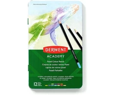 Derwent Academy 2306022 pastelinių pieštukų rinkinys, 12 vnt. skardinėje dėžutėje, pradedantiesiems menininkams, spalvinimo pieštukai pastelinėmis spalvomis, idealūs tapybai ir piešimui, aukščiausios kokybės pasteliniai pieštukai