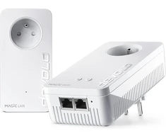 Devolo Magic 2 Wifi 6 (ax) Starter Kit: 2 x Cpl Wifi adapteriai, Gigogne lizdas (2400 Mb/s, 3 x Gigabit Ethernet prievadai, Mesh), idealiai tinka nuotoliniam darbui, žaidimams, transliacijai, prancūziškas lizdas