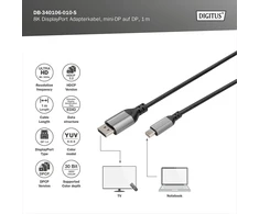 Digitus 8k/60hz displayport adapterio kabelis - dp į mini dp - displayport 1.4-4k/144hz - 2 m - aliuminio korpusas - suderinamas su monitoriumi, žaidimų vaizdo plokšte - juodas