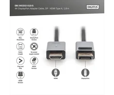 Digitus displayport į hdmi adapterio kabelis - 1.8 m - uhd 4k/30hz - hdmi 2.0 - displayport 1.2 - būsenos led - plug &amp; play - paauksuoti kontaktai - juodas