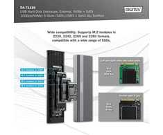 Digitus M.2 ssd dėklas - usb 3.1 gen2 type-c - iki 10 gbps - skirta sata ir nvme ssd iki 8 tb - skirta 2230/2242/2260/2280 ssd - be įrankių - aliuminio korpusas - plug &amp; play - pilka