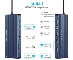 Dokas Usb C 2 monitoriams, 14-in-1 Usb C dokas, dokas kietajam diskui su 2 x 4k60 Hdmi, 1080p Vga, Ethernet, 3 Usb C 10gbps, 100w Pd, Sd/tf 3.0, suderinamas su