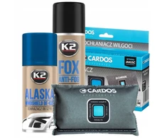 Drėgmės sugėriklis K2 + Langų atitirpinimo priemonė Alaska ir antifog priemonė Fox automobilių langams