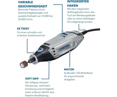 Dremel 3000 daugiafunkcis įrankis, 130 W, rinkinys su 1 priedu, reguliuojamas rotacinis pjoviklis pjovimui, šlifavimui, graviravimui, poliravimui, galandimui, valymui, drožimui, F0133000ja