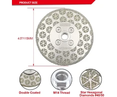 Dt-diatool deimantinis pjovimo ir šlifavimo diskas 115 mm x m14 sriegio flanšas dvipusis galvanizuotas deimantinis diskas granitui, marmurui, natūralaus akmens plytelėms