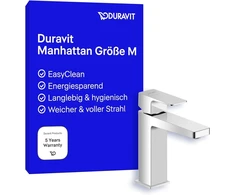 Duravit Manhattan vandens taupymo maišytuvas praustuvui, dydis M (snapelio aukštis 116 mm), energiją taupantis maišytuvas praustuvui (freshstart), vonios kambario maišytuvas, chromas