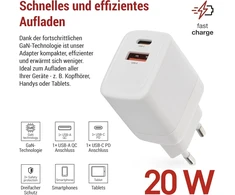 Emos - usb-a/c įkroviklis pd 20w - dvigubas usb maitinimo šaltinis su gan technologija - euro adapteris usb-c+a - 18w/20w usb įkrovimo kištukas powerdelivery išmaniesiems telefonams, iphone, planšetiniams kompiuteriams - 5-12 v, maks. 3 a - baltas