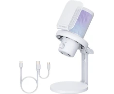 Feelworld vm1 usb žaidimų mikrofonas podcast'ų įrašymui, baltas, studijinis pc mikrofonas su nutildymu, triukšmo mažinimu, rgb apšvietimu, apsauginiu tinkleliu nuo purslų, stalinė trikojė