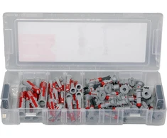 Fischer Mini Fixtainer Duoline 77 dalių kaiščių rinkinys, Duopower universalūs kaiščiai ir Duoblade gipso kartono kaiščiai praktiškoje dėžutėje, universalus rinkinys dažniausiai naudojamoms reikmėms