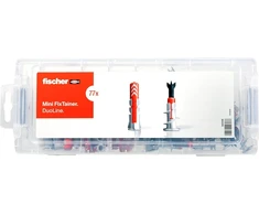 Fischer Mini Fixtainer Duoline 77 dalių kaiščių rinkinys, Duopower universalūs kaiščiai ir Duoblade gipso kartono kaiščiai praktiškoje dėžutėje, universalus rinkinys dažniausiai naudojamoms reikmėms