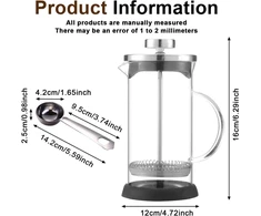 Kavos aparatas French press 600 ml, kavos virimo aparatas su kavos pupelių šaukšteliu, stiklas su dideliu borosilikato kiekiu, kavos puodas, french press kava, kavos virimo aparatas su nerūdijančio plieno filtru, skirtas biurui, namams, stovyklavimui