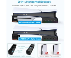 Fyoung horizontalus stovas, skirtas ps5 pro/ps5 slim su 14 rgb šviesų, neslystantis pagrindo stovas su 4 usb prievadais, skirtas playstation 5/ playstation 5 pro (juodas)