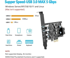 Generic Pcie Usb 3.0 plėtimosi kortelė: 6 prievadai (2x A, 2x C, 1x E, 1x 19pin)