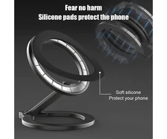 Generisch automobilinis telefono laikiklis, sulankstomas metalinis magnetinis telefono laikiklis, dvigubas magnetinis, pasukamas 360° kampu, su 2 magnetiniais žiedais (sidabrinis)