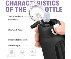 Gertuvė Hydraglazic 600 ml stiklinis gėrimo butelis su šiaudeliu, stiklinis butelis su neslystančiu silikoniniu dangteliu, plati anga, nepralaidus vandeniui ir kavai, be Bpa, juodas