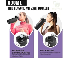 Gertuvė Hydraglazic 600 ml stiklinis gėrimo butelis su šiaudeliu, stiklinis butelis su neslystančiu silikoniniu dangteliu, plati anga, nepralaidus vandeniui ir kavai, be Bpa, juodas