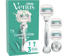 Gillette Venus Pro Comfortglide Sensitive moteriškas skustuvas su alavijų prisilietimu, 3 keičiamosios galvutės, patvari metalinė rankena ir laikiklis duše