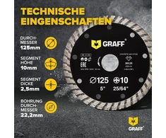 Graff Deimantinis diskas 125 mm skirtas akmeniui, betonui, plytelėms, natūraliam akmeniui - turbo deimantinis pjovimo diskas kampiniam šlifuokliui ir flex - segmento aukštis 10 mm