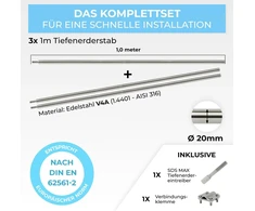 Graft deep earth rinkinys iš v4a nerūdijančio plieno | 3 x 1 m įžeminimo strypai | 20 mm skersmens | su sds-max įkalimo antgaliu ir jungties spaustuku | apsauga nuo žaibo fotovoltinei sistemai | įžeminimas | namo įžeminimas