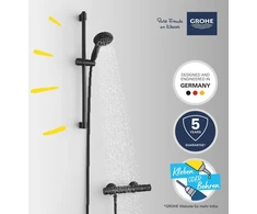 Grohe Precision Start 345972431 termostatinis dušo komplektas, taupantis vandenį ~ 9 l/min (1 srovės tipas, apsauginis užraktas ties 38°c, 60 cm dušo strypas, 175 cm dušo žarna), apvalus, chromas
