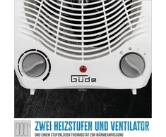 Güde 85175 Gh 2000 ventiliatorinis šildytuvas (2000 W šildymo galia, 2 lygiai (1000/2000 W), ventiliatoriaus funkcija, ventiliatoriaus našumas 75 m³/h, nuolatinis termostatas, apsauga nuo perkaitimo ir apvirtimo, nešimo rankena, greitas šildymas)