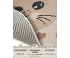 Hanse Home Adventures vaikiškas apvalus kilimas – kačių ir širdelių raštas, gyvūnų širdelių rašto kilimas berniukams ir mergaitėms į vaikų kambarį, žaidimų kambarį, paauglių kambarį, svetainę – kreminės smėlio spalvos, 140 cm