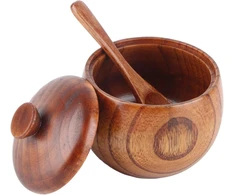 Hapivida medinis druskos indelis, 8 x 9 cm, 50 ml, mediniai prieskonių indeliai, cukraus dubuo su dangteliu ir šaukšteliu, prieskonių indelis, druskinė cukrui, druskai, padažui, actui, pipirams (1 vnt.)