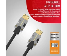 Hdmi kabelis M1000 1,5 m, Premium Hdmi 2.0 kabelis, Uhd 4k Hdr 22,5 Gbps, 24k aukso jungtys, suderinamas su žaidimų konsolėmis, Dvd grotuvais, kompiuteriais