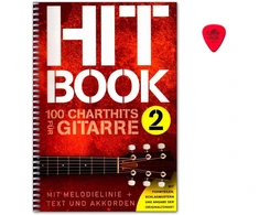 Hitbook 2-100 Chart Hits gitarai (su melodijos linija + tekstai ir akordai) - muzikos knyga su Dunlop Plek - Verlag Bosworth Boe7898 9783865439932