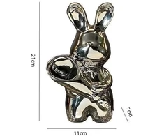 Hosoncovy keraminė triušio skulptūra-ornamentas laikantis gėlę triušio statulėlė figūrėlė dekoras interjero dekoracija kambario dekoras triušio vaza svetainei, biuro stalui, lentynai (sidabrinė)