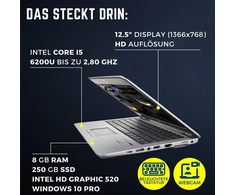 Hp Elitebook 820 G3 (12.5 colio) - Intel Core i5 (6-os kartos), 250gb Ssd, 8gb Ram, 1366x768, internetinė kamera, Win10 Prof. - Subnotebook (atnaujintas)