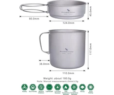 Ibasingo Ti2053c titano puodelio ir keptuvės rinkinys 1100 ml ir 300 ml stovyklavimo indai lauko lengvas mažas puodo lėkštės rinkinys iškylų žygių dubuo su sulankstomomis rankenomis kuprinės maisto gaminimo rinkinys 1 asmeniui