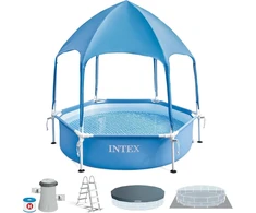 Intex 28209np apvalus antžeminis baseinas su metaliniu rėmu, nuimama apsauga nuo saulės ir vandens purkštuvu, 700 l, plienas ir pvc, mėlynas, 183 x 38 cm