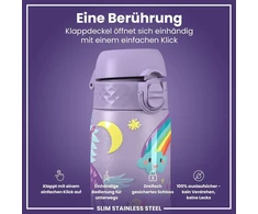 Ion8 lengvas plieno vandens butelis 600 ml, neizoliuotas, nepralaidus, atidaromas viena ranka, saugus užraktas, galima plauti indaplovėje, atlenkiamas dangtelis, nešimo rankena, lengvai valomas, violetinis vienaragis