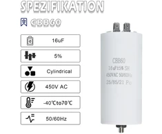 Iruihoo Cbb60 variklio kondensatorius 16µf, 450v kondensatorius 50/60hz paleidimo kondensatorius 16uf variklio darbinis kondensatorius kištukas M8 elektriniam varikliui