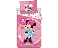Jerry Fabrics Disney vaikiškas reversible patalynės komplektas Minnie Mouse su mėlyna suknele ir rožiniu kaspinu, širdelėmis, antklodės užvalkalas 140 x 200 cm ir pagalvės užvalkalas 70 x 90 cm su užtrauktuku