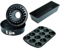 Kaiser Classic kepimo formų rinkinys, 4 dalys, torto forma su nuimamais kraštais, plokščiu ir vamzdiniu pagrindu 26 cm, kekso kepimo forma 30 cm, keksiukų skarda 12 keksiukų, standartinis keksiuko dydis 7 cm, nelipni danga