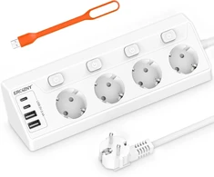 Kampinis lizdas su 2 usb c ir 2 usb a, 4 krypčių maitinimo juosta su atskirai perjungiamais keliais lizdais, tvirtinama prie sienos, 4000 w 16 a, virtuvės maitinimo juosta su keliomis jungtimis, 2 m laidas, balta